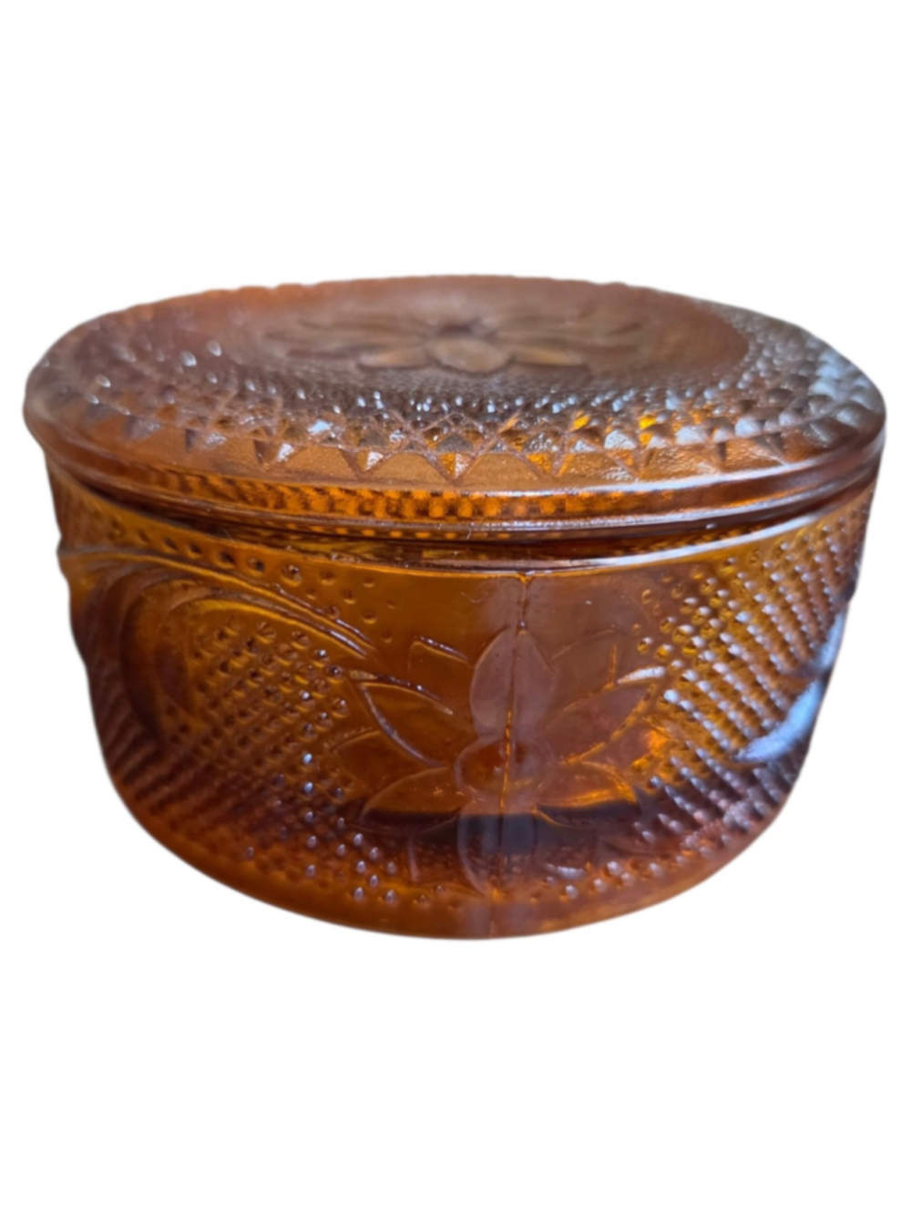 1970s Tiara Exclusives Indiana Glass Amber Sandwich Floral Powder Puff Box